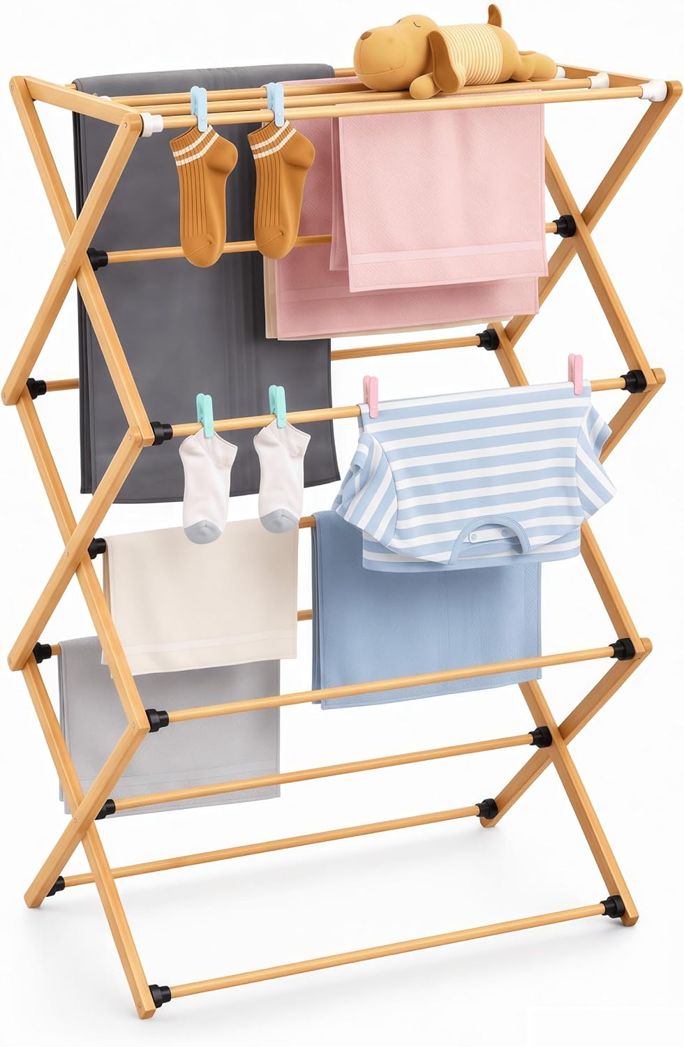 FJO Foldable Bamboo Clothes Drying Rack, 3-Tier Collapsible Laundry Clothes Hanger, Portable Wooden Drying Rack, Space Saving Indoor Outdoor, 28'' D x 15'' W x 39.3'' H, Beige
