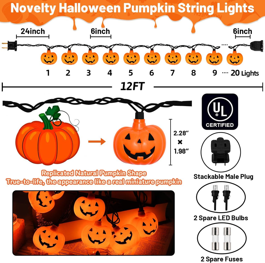 12Ft Halloween String Lights Plug in with 20 LED Pumpkin Lantern Lights, Novelty Jack O Lantern Lights LED Pumpkin Lights String Waterproof for Home Yard Party Indoor Outdoor Halloween Decor, 0.07W