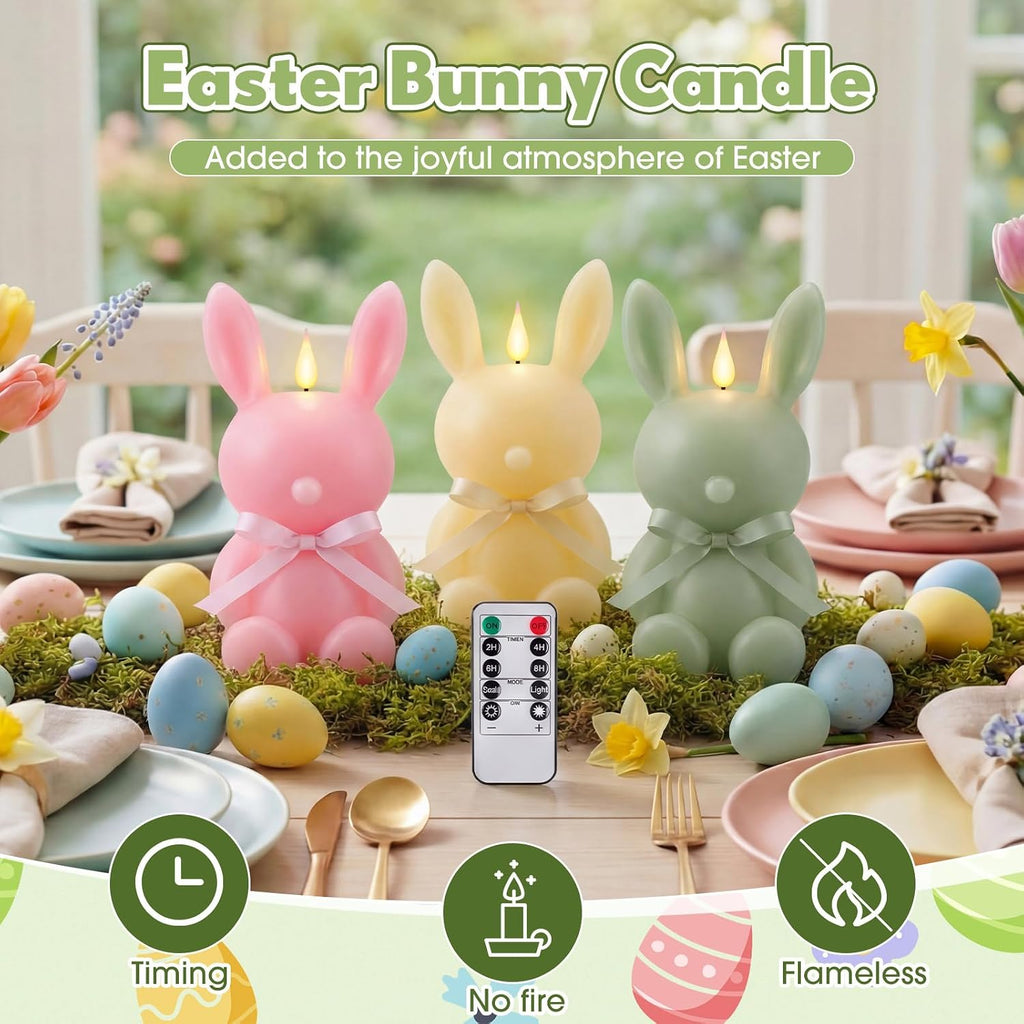 Baquler 3 Pcs Large Easter Bunny Led Flameless Candle 8 Inch Battery Operated Candles with Remote Real Wax Cute Rabbit Shape Candle with Bow 3D Flickering for Gift Home Party Decor (Yellow,Green,Pink)