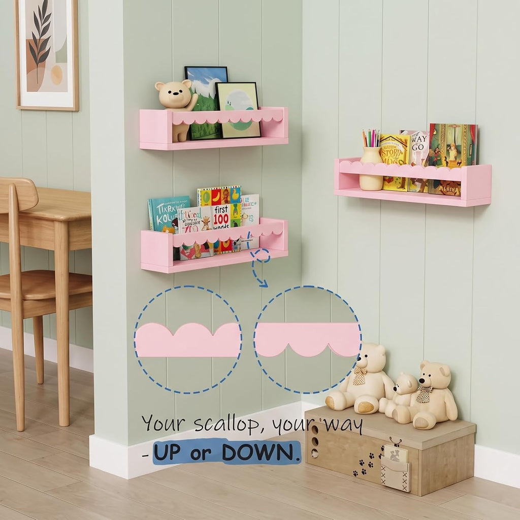 Pink Scalloped Nursery Floating Shelves, Kids Book Shelf Wall Mounted