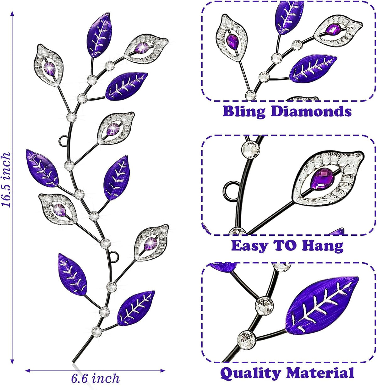 sxnzequnze 2 Set Metal Tree Leaf Wall Art for Home Decor Living Room Bedroom Dining Room Bling Rhinestone, 3D, Iron Branch Hanging Leaf Sculpture Art Pieces -Purple 16.5in*6.7in