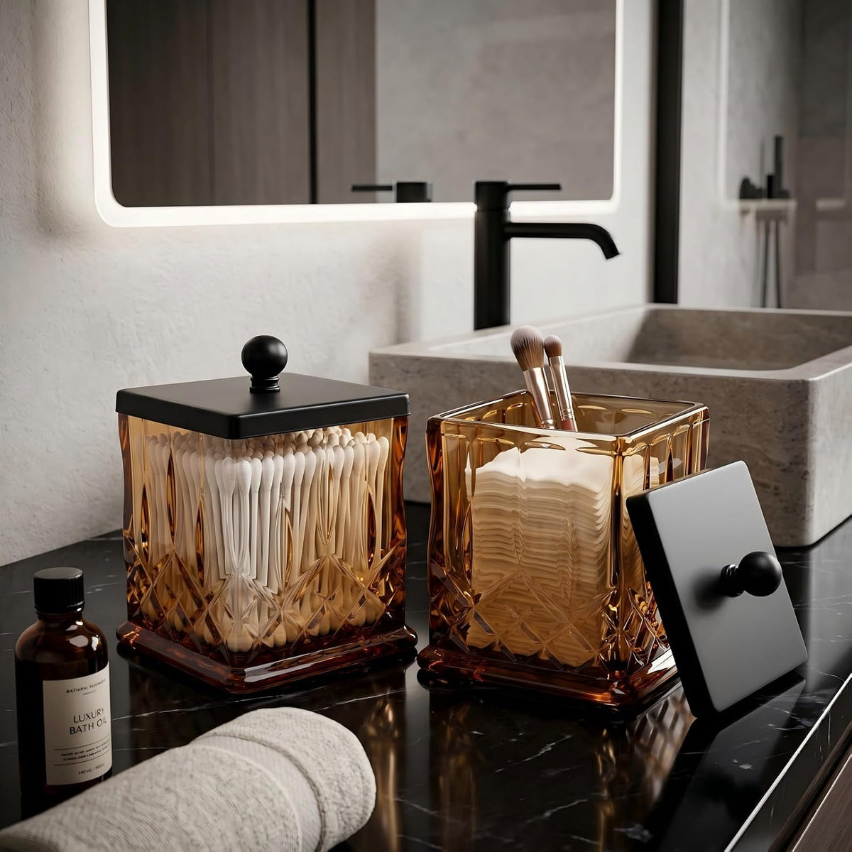 2 Pack 15Oz Amber Q-Tip Holder, Square Thick Glass