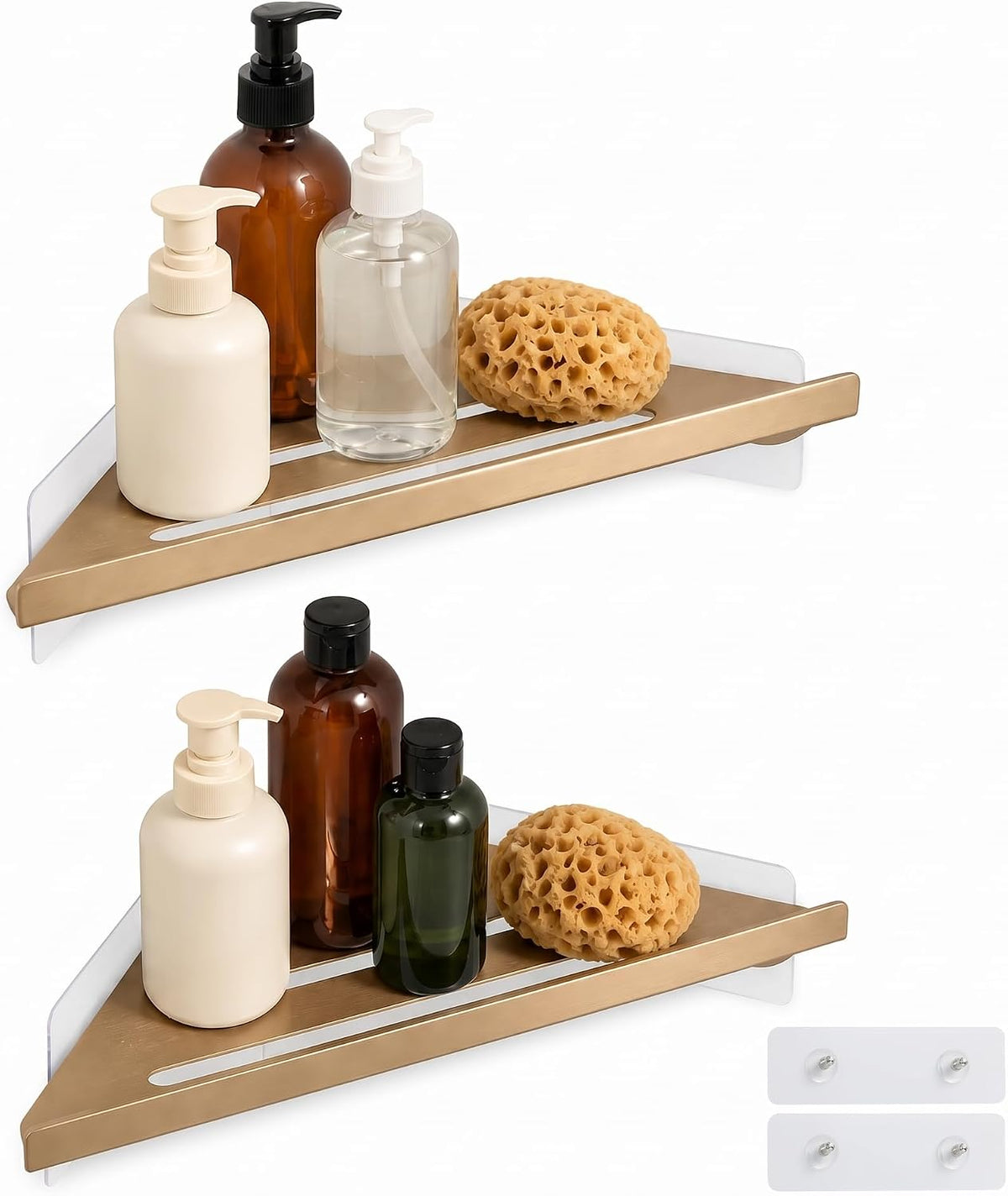 BVL Corner Shower Shelf, 8 Inch Champagne gold 2-PACK Bathroom Corner Organizer, Adhesive Wall Mounted Shower Caddy, Waterproof Rustproof Metal Storage Rack for Shampoo Soap