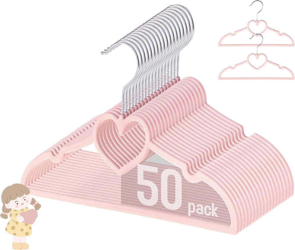 Baby Velvet Hangers, 50 Pack, Non-Slip Pink Kids Clothes Hangers, 11 Inch