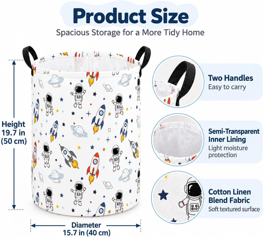Space Laundry Hamper, Round Storage Basket with Handles, Foldable Cotton Linen Clothes Organizer Bin, Astronaut Rocket Planet Print for Bedroom, Nursery, College Dorm, Toy Storage
