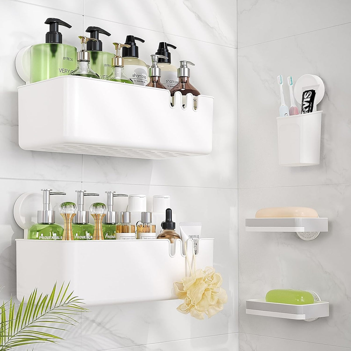 LUXEAR Shower Caddy 5 Pack Suction Cup Shower Organizer for Bathroom Storage Home &Kitchen,No Drilling Removable Plastic Shelf Organizer with Soap Dish&Toothbrush Holder Easy Install