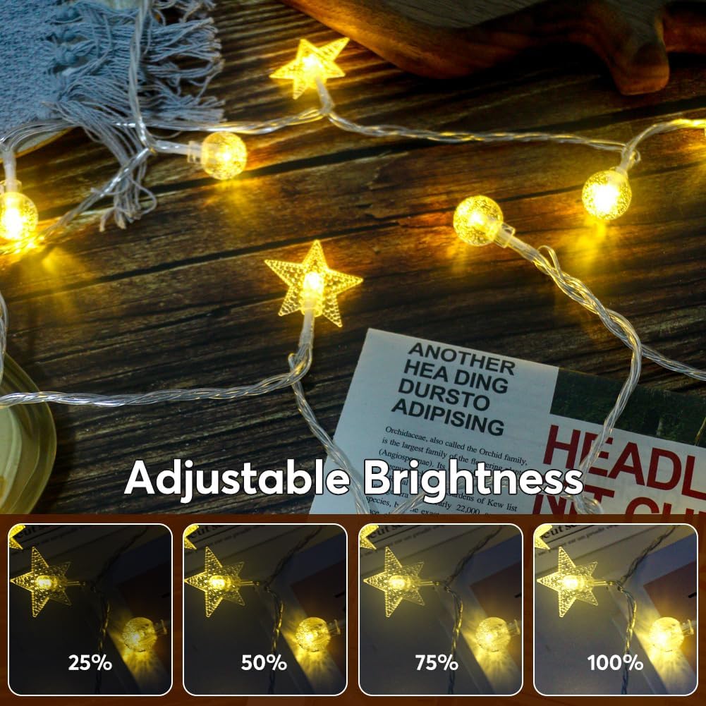 50 Star & 50 Globe String Lights with Remote for Indoor Bedroom Warm White