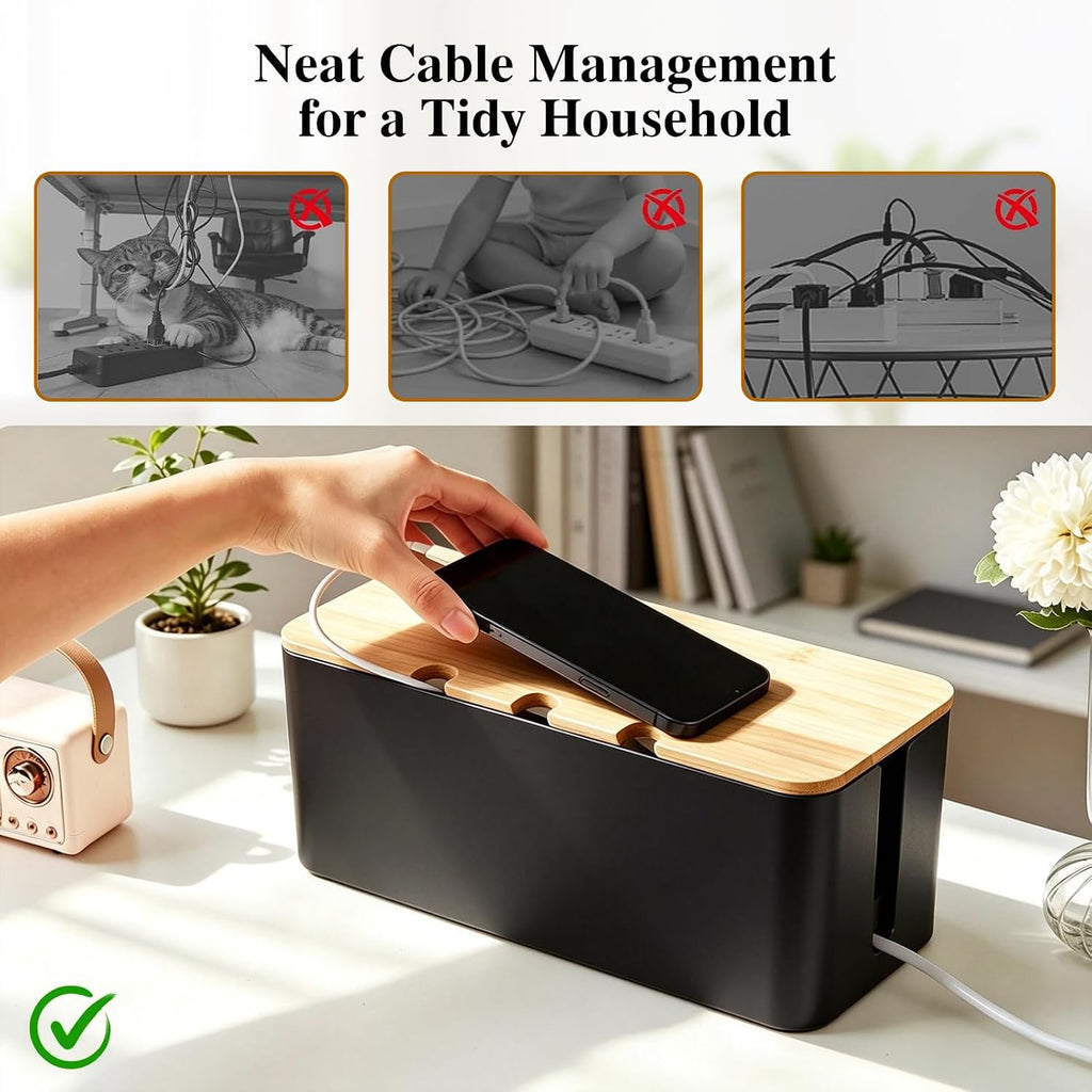 2 Pack Cable Management Box, Wooden Style Cord Organizer Box,Black