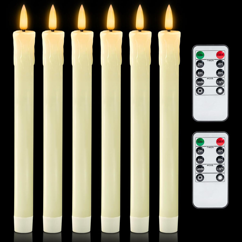 Homemory 9.6 Inches Waxy Flameless Taper Candles with Remote Timer Dimmer, Flickering LED Candlesticks, Battery Operated Window Candle for Christmas Wedding Decor, 6 Pcs Ivory Drip Taper Candles