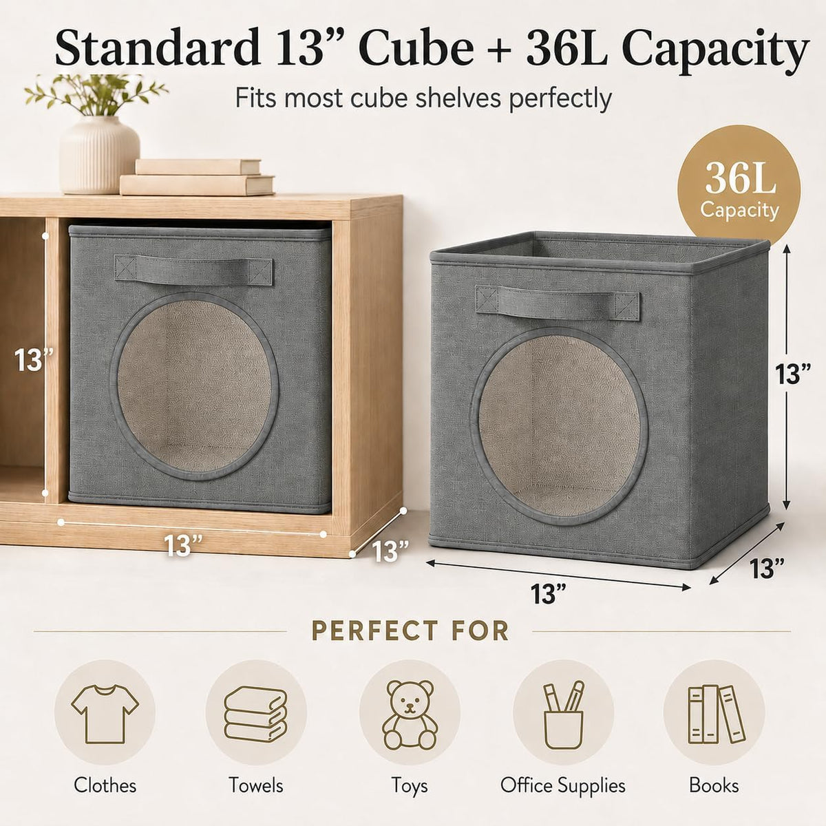 Storage Cubes with Mesh Window, 13'' Cube Storage Bin, Dark Gray, 4 Pack