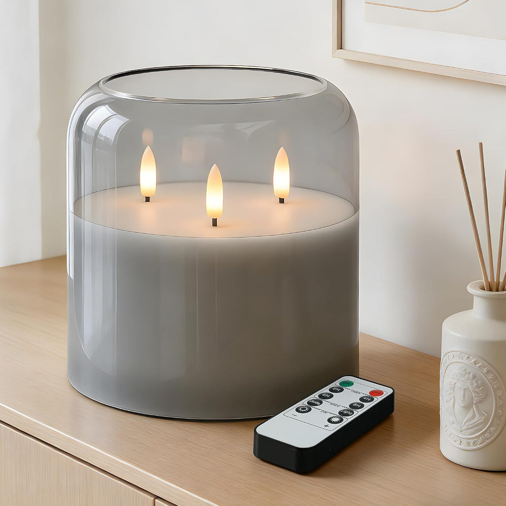 3 Wick Flameless Candle with Remote, Gray Glass, Wax, Battery Operated LED