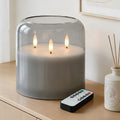3 Wick Flameless Candle with Remote, Gray Glass, Wax, Battery Operated LED
