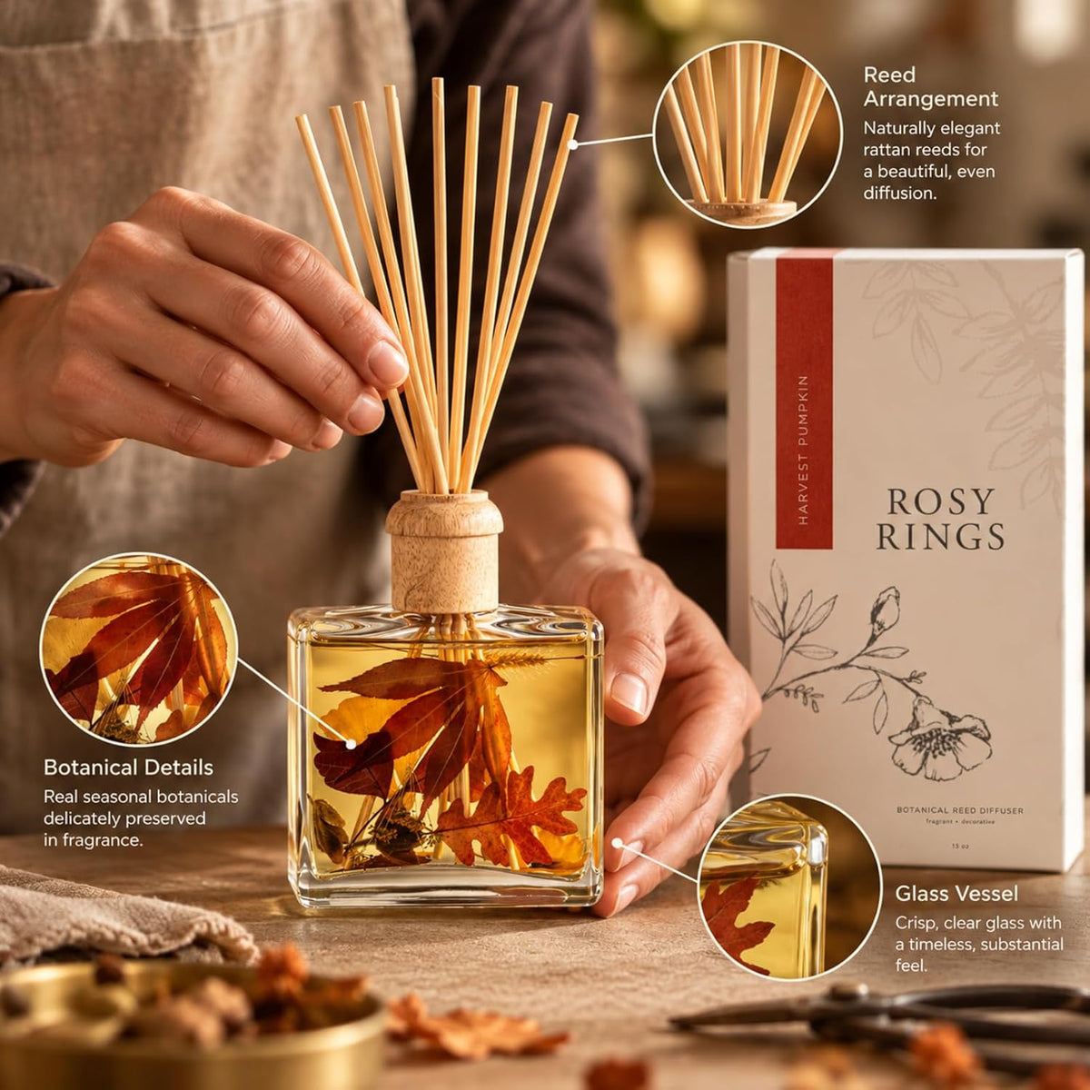 Rosy Rings Botanical Reed Diffuser 13oz - Lasts 6-12 Months Aromatherapy Notes of Cinnamon Clove Vanilla Long Lasting Floral Luxurious Fragrance Home Decor Housewarming Wedding Gifts (Harvest Pumpkin)