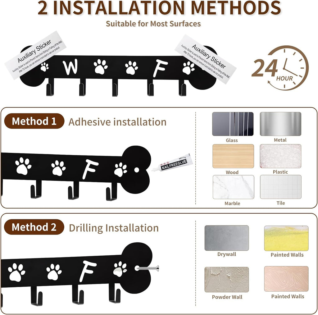 Dog Leash Holder for Wall Key Hooks Decorative, 5 Hooks 11×2.75 inch for Wall Decorative Animal Storage Rack Adhesive, Black Key Holder wall Mount for Entrance Living Room Kitchen-Dog Lovers Gifts