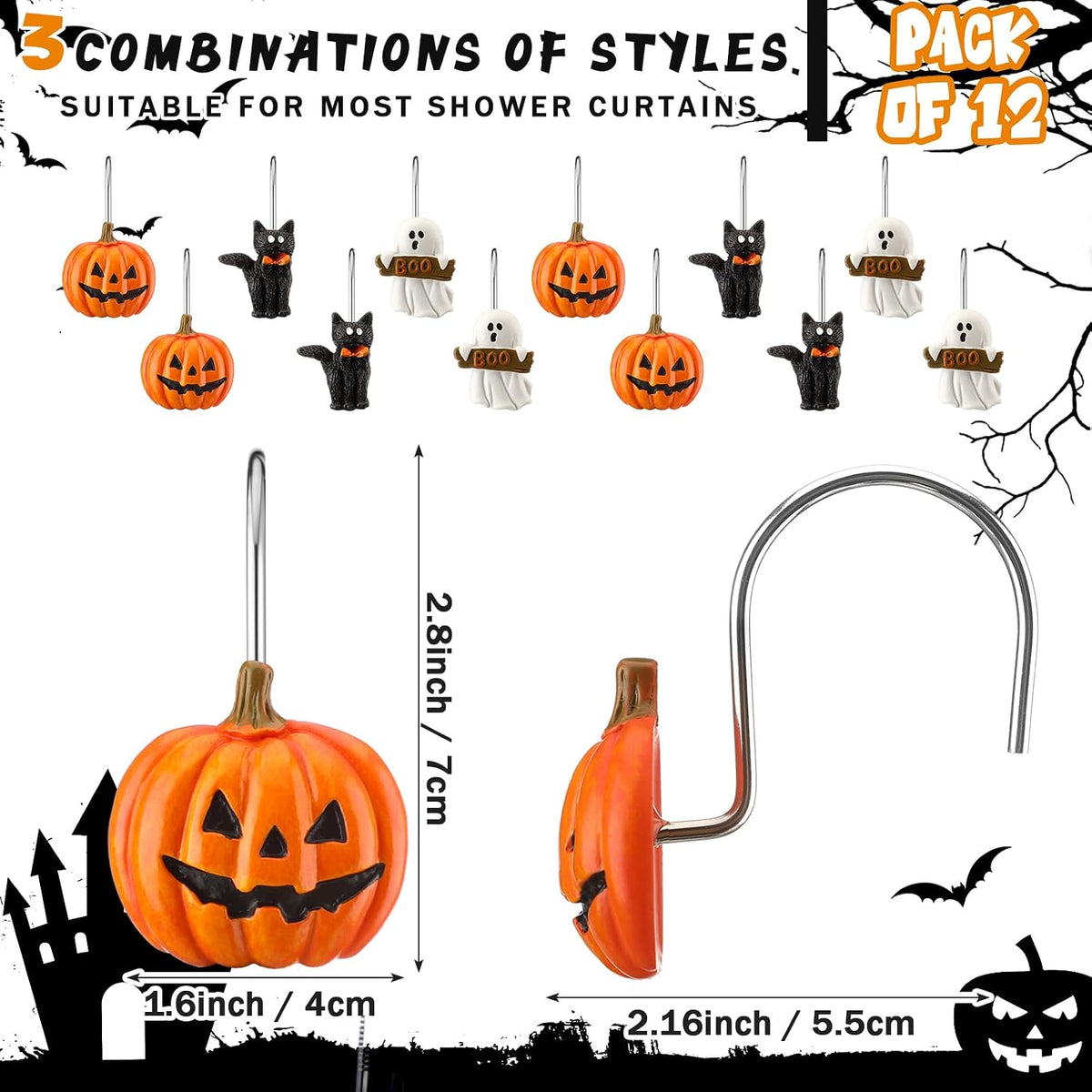 Colingmill 12 Pcs Halloween Cat Ghost Pumpkin Shower Curtain Hooks
