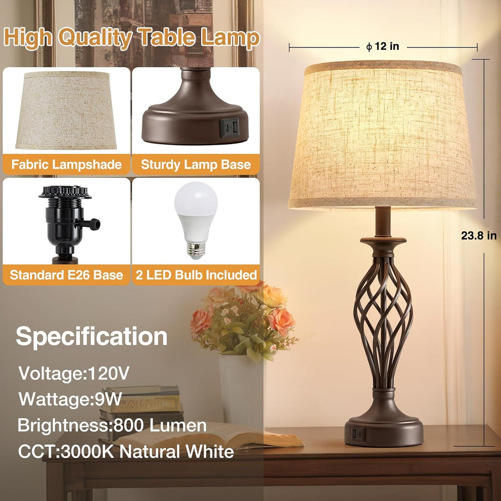 Table Lamp for Bedroom Set of 2 with USB C+A Ports,Modern Night Stand Lamp
