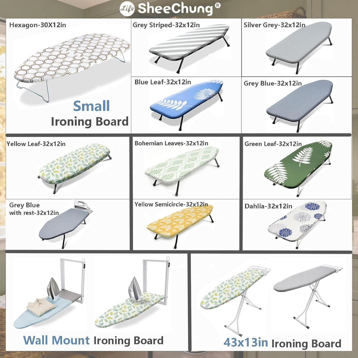 SheeChung Ironing Board 13"x43",Full Size Iron Board with Rest,Adjustable
