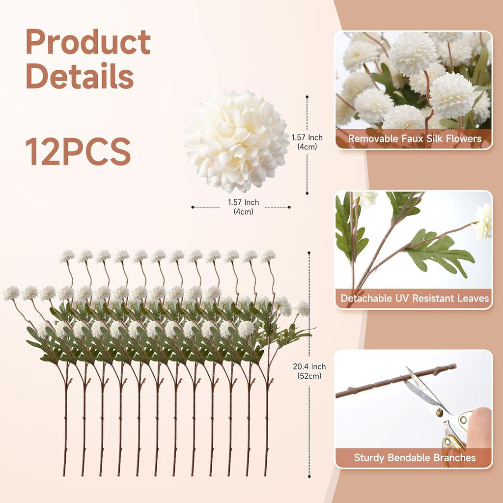 Real-Touch Faux Silk Mums Bouquet, 12 Pcs, Bendable Long Stems, Full & Realistic Artificial Flower Arrangement for Vase, Table, Wedding & Wreath Décor, White (No Vase)