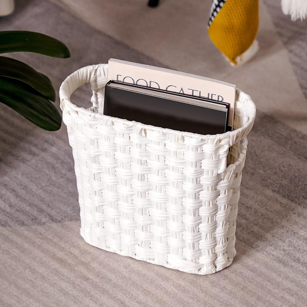Wicker Waste Basket with Built-in Handles, Multifunctional Mini Basket for Home and Office, Compact Design and Durable Construction with Fine Artisanal Craftsmanship (White)