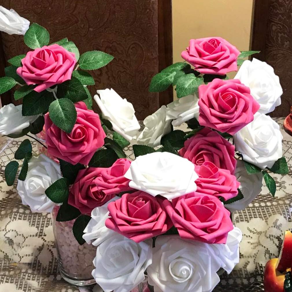 Higfra Artificial Flowers 25pcs Real Looking Pink Foam Fake Roses with Stems for DIY Wedding Bouquets White Bridal Shower Centerpieces Arrangements Mothers Day Party Tables Decorations