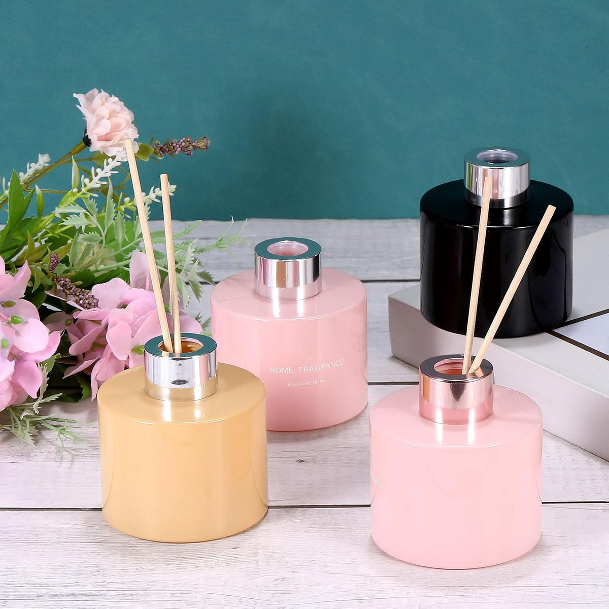 HARFINGTON Empty Glass Diffuser Bottle 140ml/4.7oz Refillable Fragrance Accessories Aromatherapy Jar Container for Replacement Reed Diffuser DIY Home Bathroom Pink with Silver Tone Cap