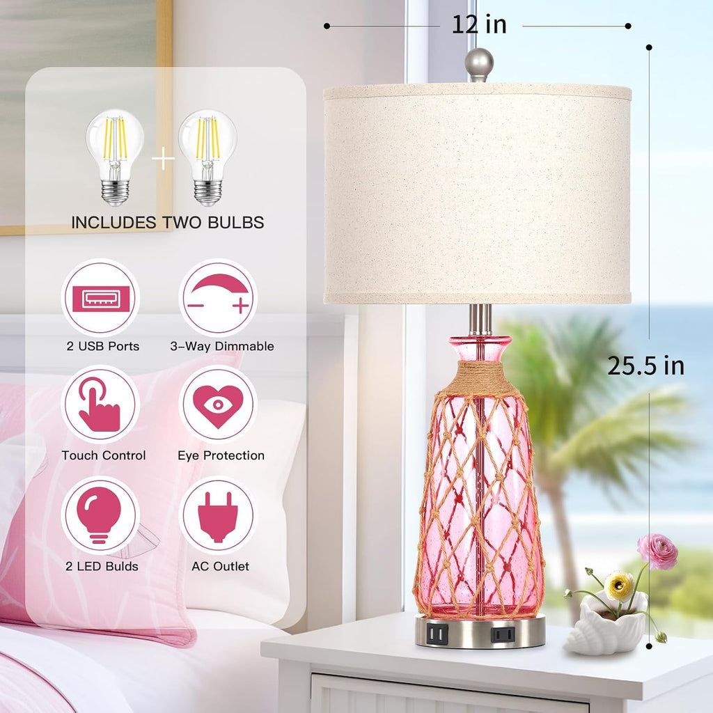 Ruzectt 25.5" Coastal Glass Table Lamps Set of 2, 3-Way Dimmable Touch Control Bedside Lamps with 2 USB Ports and AC Outlet, Pink Nautical Nightstand Lamps for Bedroom Living Room (LED Bulbs Included)