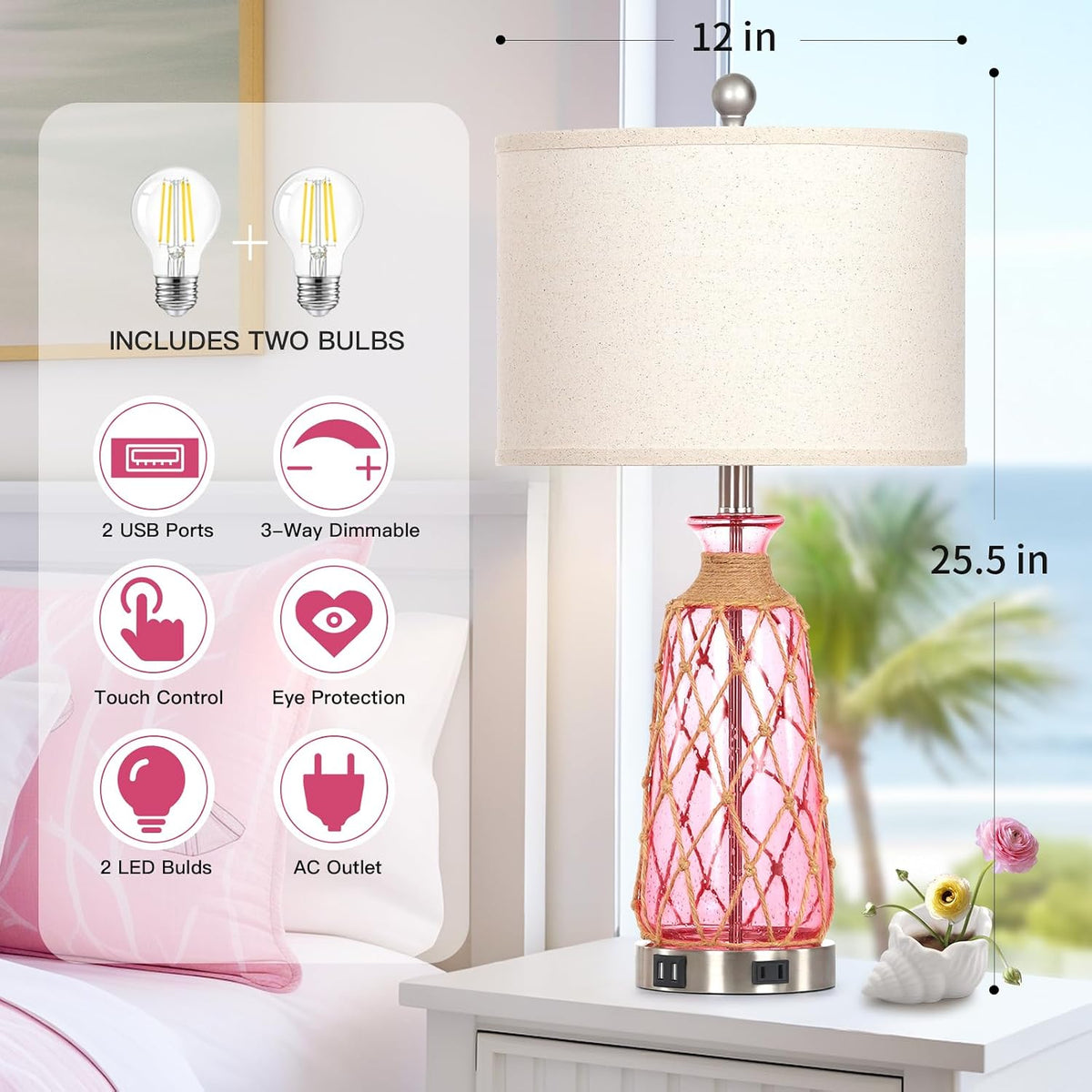 Ruzectt 25.5" Coastal Glass Table Lamps Set of 2, 3-Way Dimmable Touch Control Bedside Lamps with 2 USB Ports and AC Outlet, Pink Nautical Nightstand Lamps for Bedroom Living Room (LED Bulbs Included)