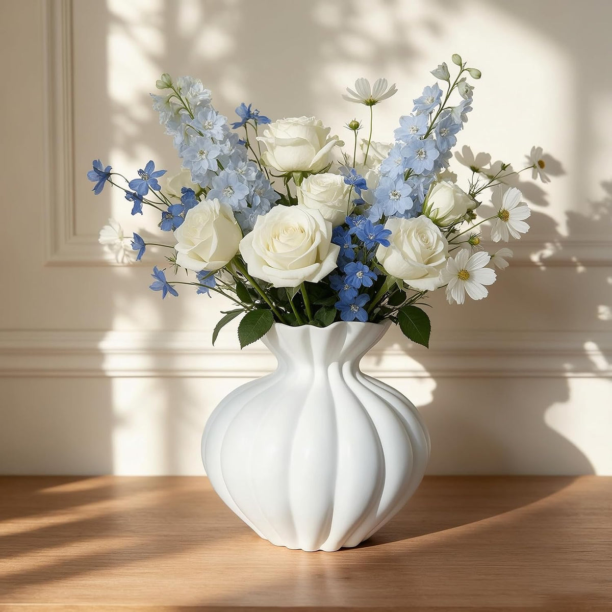 Ceramic Vase, Modern Boho White Flower Vase for Home Decor, Unique Vase for Farmhouse Living Room Cabinet Table Centerpieces Wedding Decorations (Extra-Wide-White)