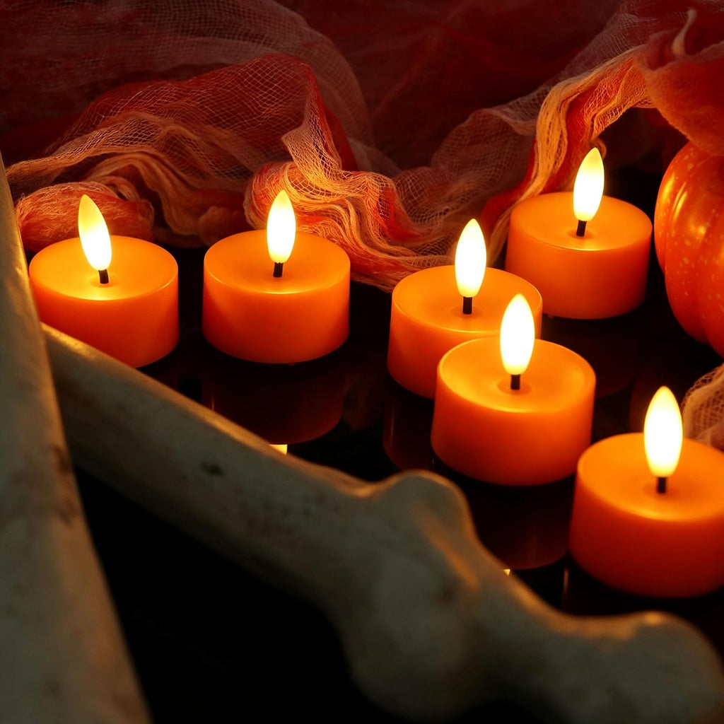 QIDEA Halloween Orange LED Tea Lights for Pumpkin Christmas Decor 12 Sets
