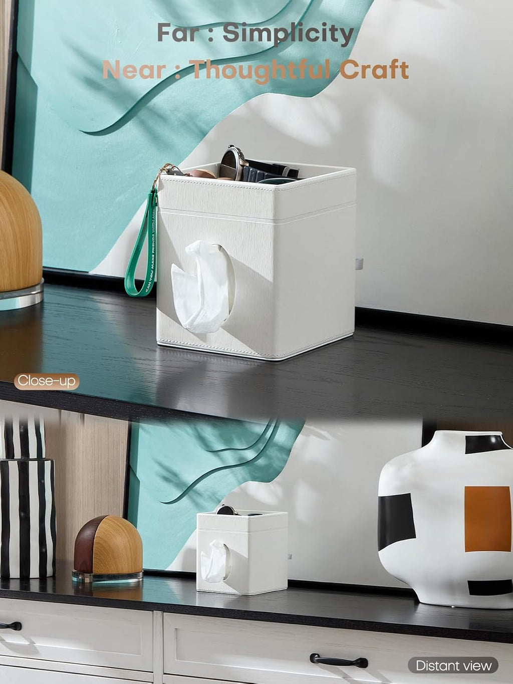 Square Tissue Box Cover Holder with Tray Compatible with Kleenex/Puffs Cubes,Patented Metal-Look PU Leather (Polar Ice)