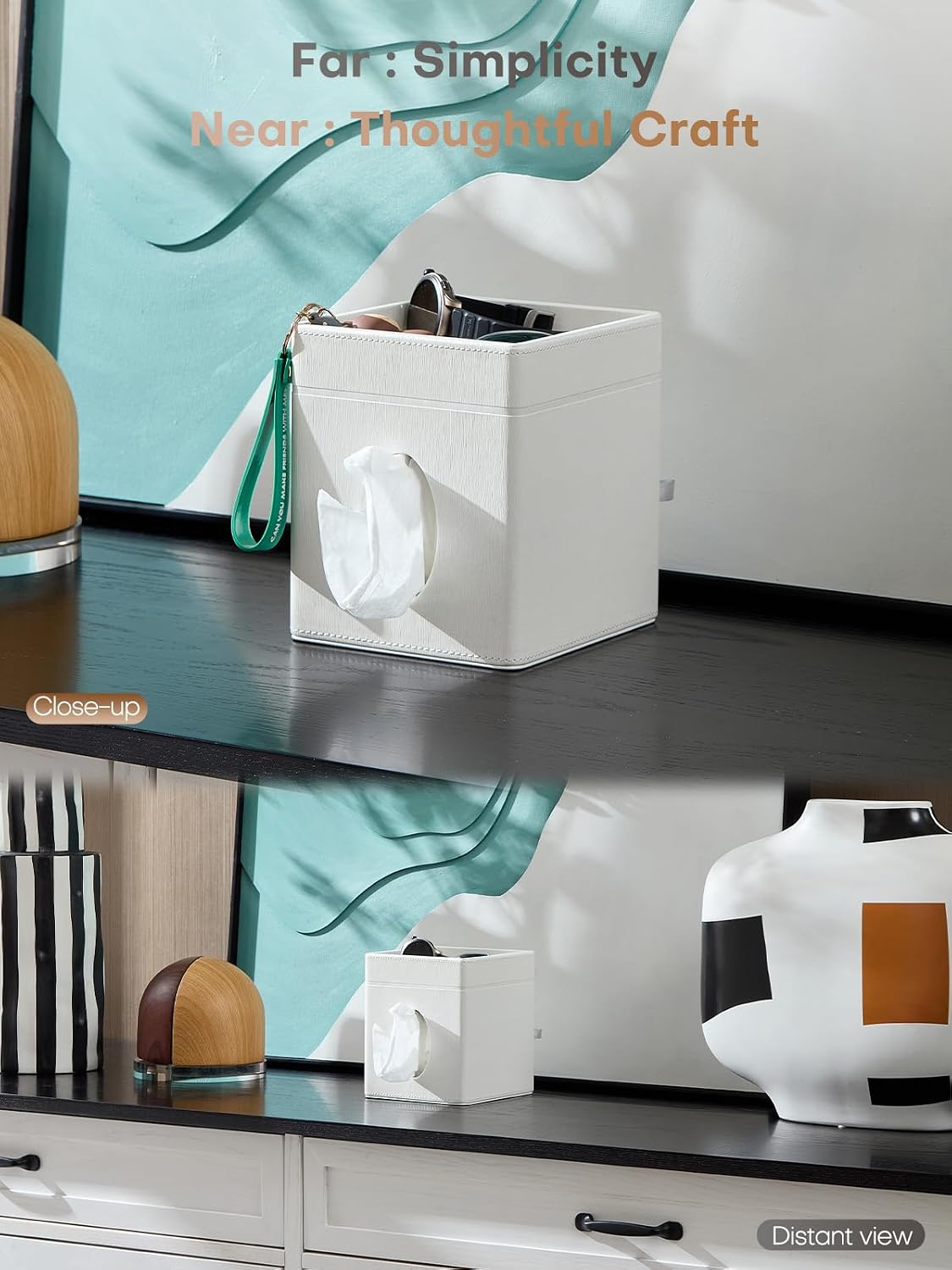 Square Tissue Box Cover Holder with Tray Compatible with Kleenex/Puffs Cubes,Patented Metal-Look PU Leather (Polar Ice)