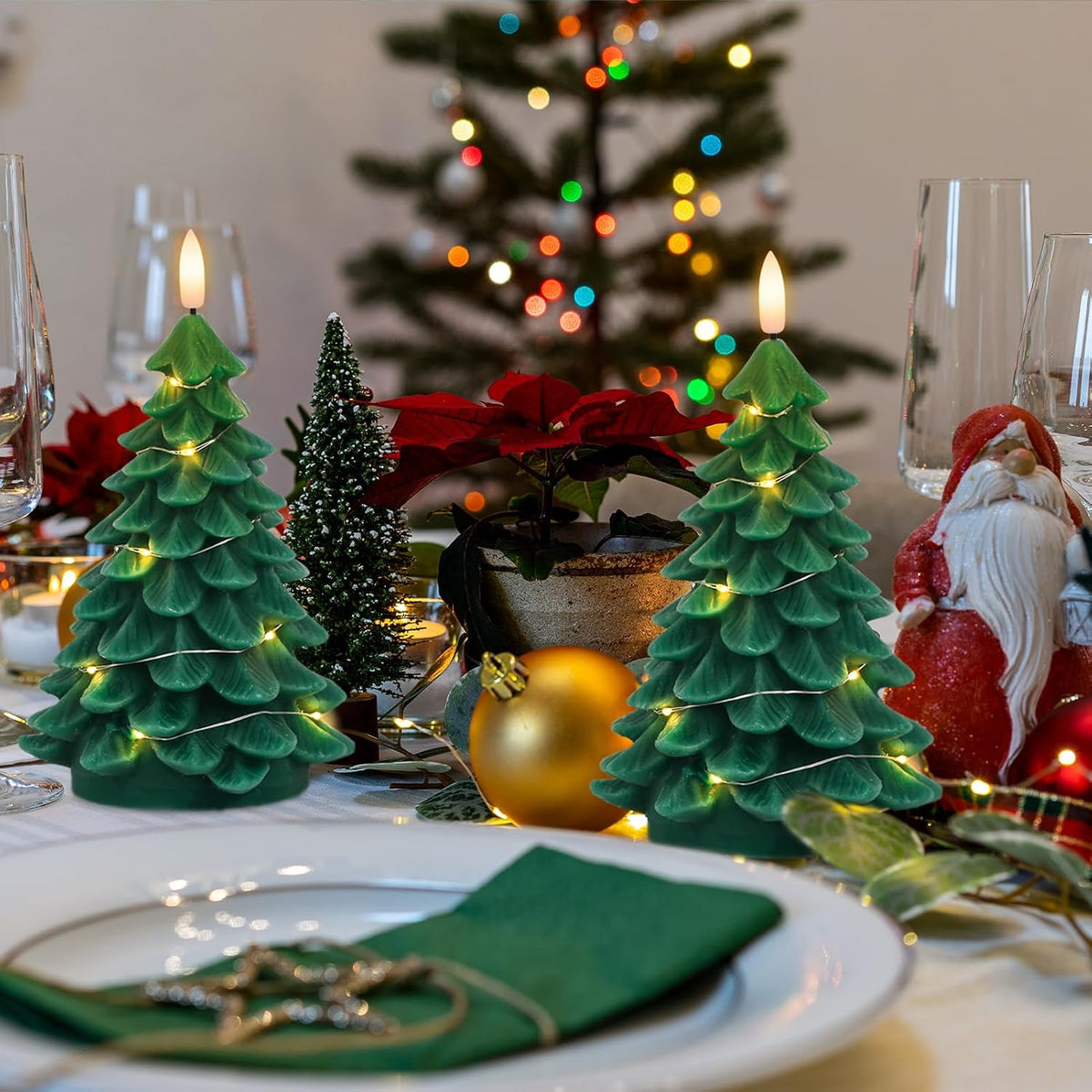 Christmas Tree Candles with String Light & Remote Timer Green