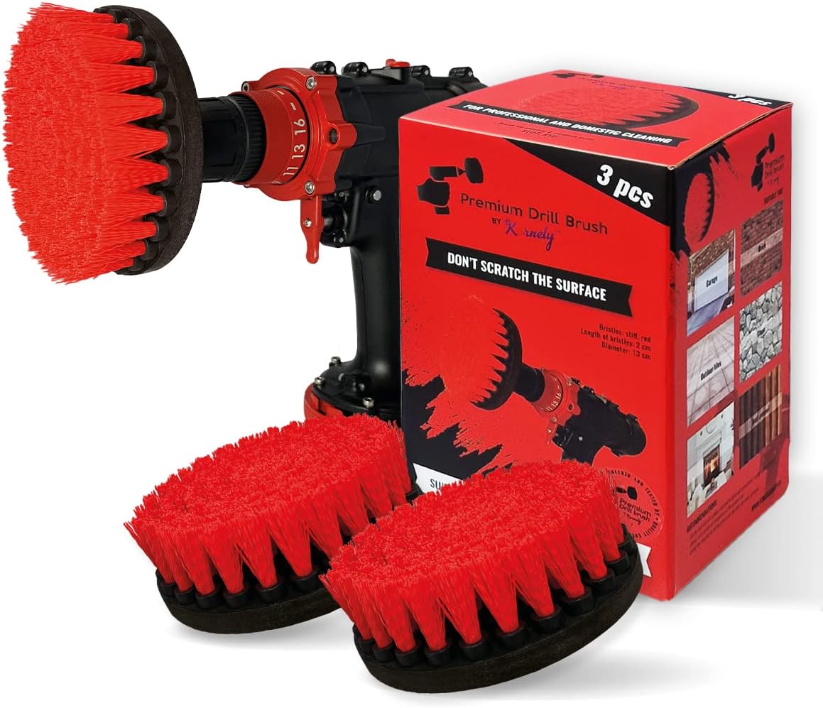 Premium Drill Brush Professional – Stiff 5 in Red Set of 3 | Scratch-Free Outdoor Cleaning Brush for Patio Bricks, Decking, Garden Tools, Lawn Mowers, Bicycles, Pool Tiles and Boat Hulls