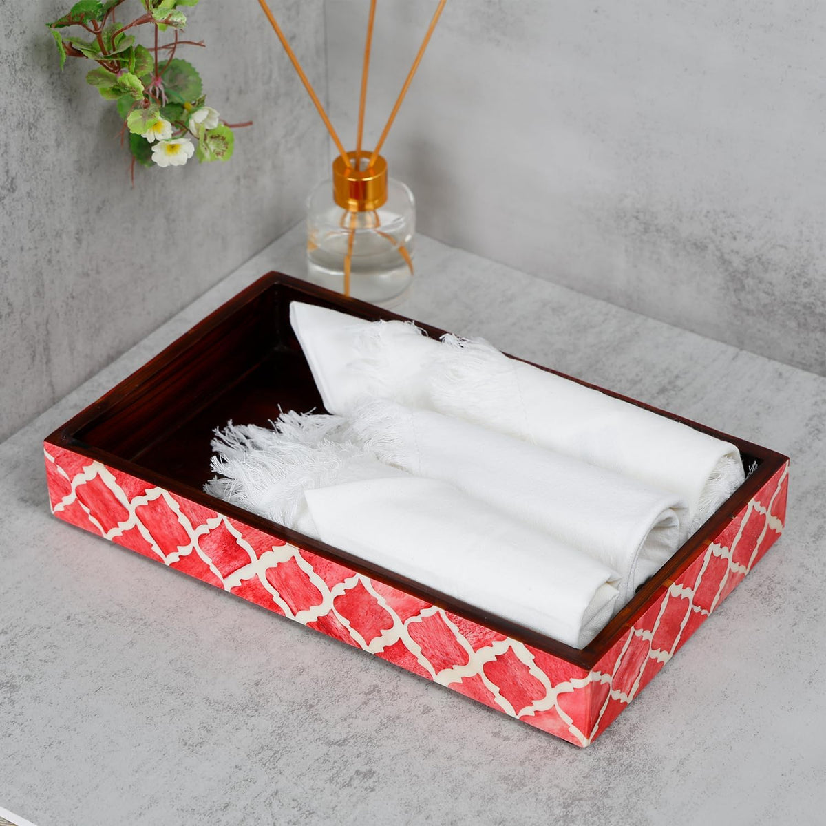 HANDICRAFTS HOME Handmade Moroccan Pattern 10x6 Towel Tray - Small Bathroom Tray, Guest Towel Holder, Decorative Napkin Holder, Bathroom Countertop Storage, Kitchen Hand Towel Holder Moroccan Red