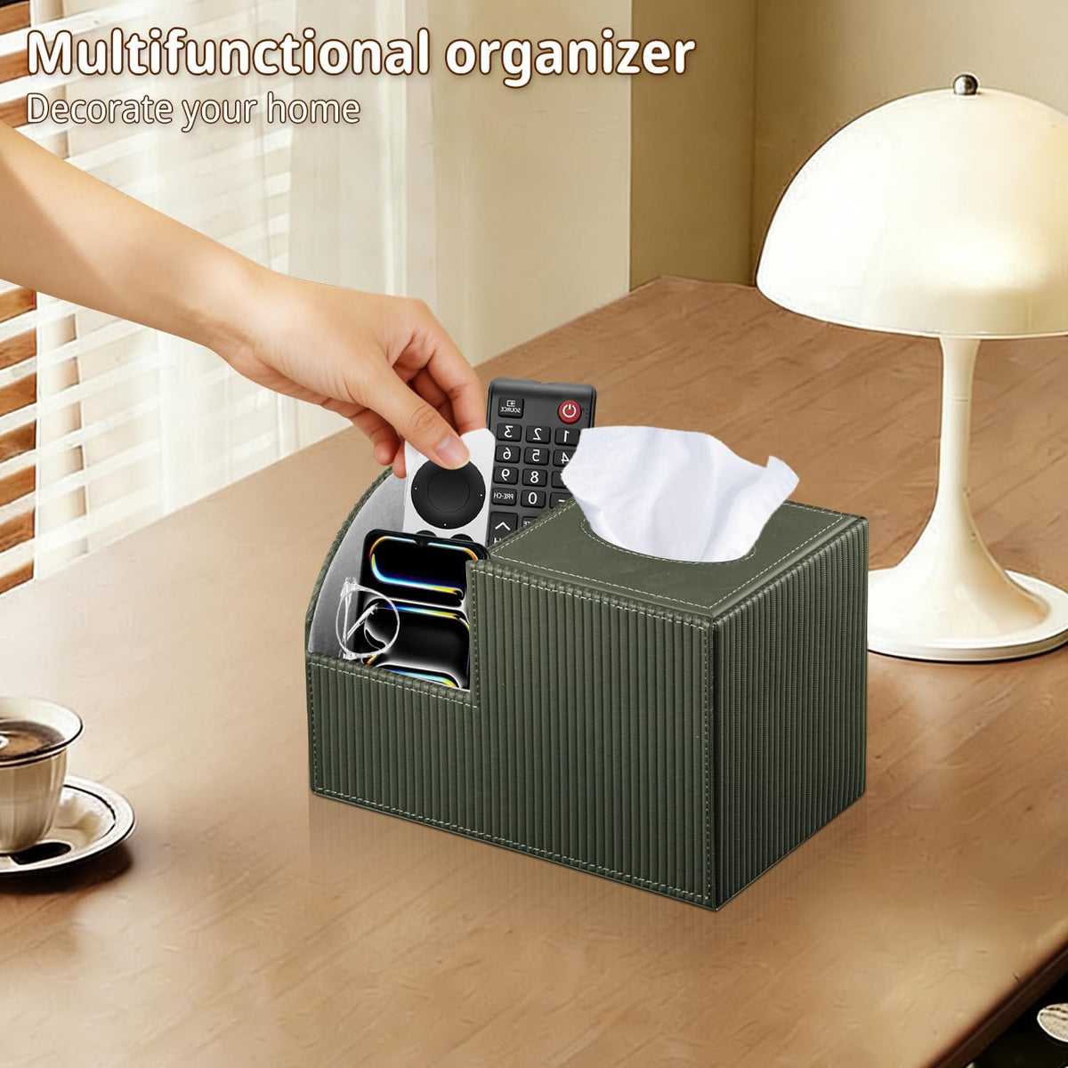 PUSU Square Tissue Box Cover with Storage and TV Remote Control Holder