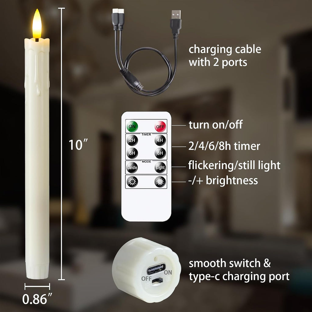 Rechargeable Flameless Timer Remote Taper Candles, 2pcs 0.86" x10" LED Flickering Dripping Wax Window Tall Fake Ivory Plastic Candlesticks(USB Charging Cable Included)