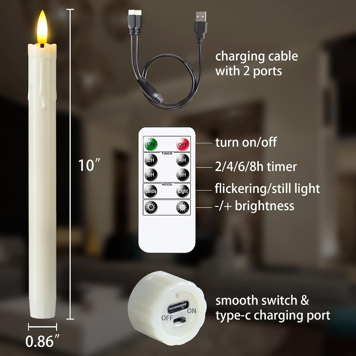 Rechargeable Flameless Timer Remote Taper Candles, 2pcs 0.86" x10" LED Flickering Dripping Wax Window Tall Fake Ivory Plastic Candlesticks(USB Charging Cable Included)