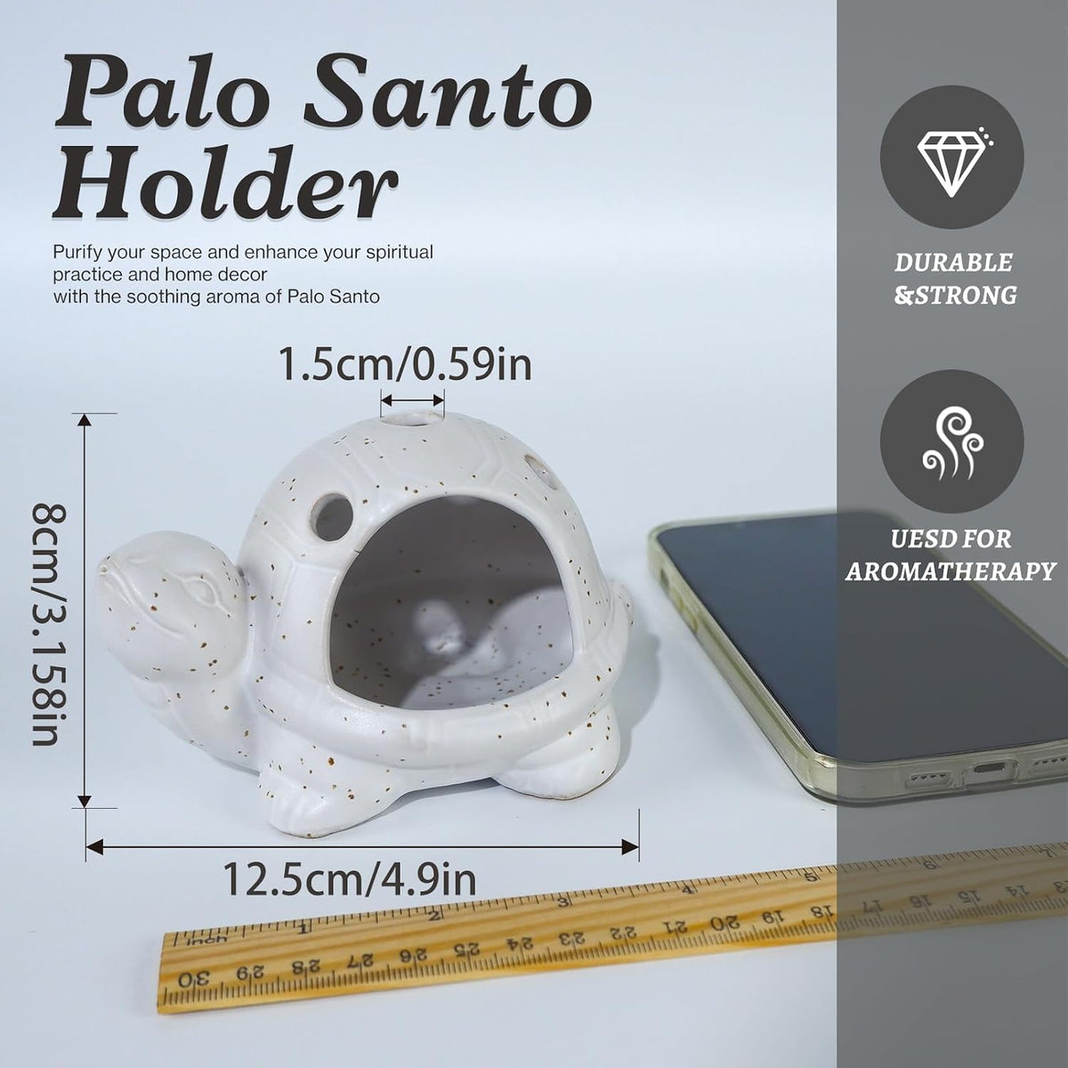 Mougigi Handcrafted White Ceramic Turtle Palo Santo Holder, Sage,