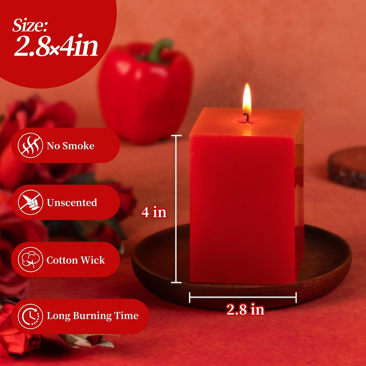 KONNI Pillar Candles Set of 3,2.8"X 4" Red Unscented Pillar