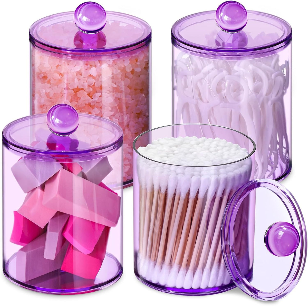 4 Pcs Acrylic Qtip Holder, Cotton Ball Holder Jars with Lids, Purple