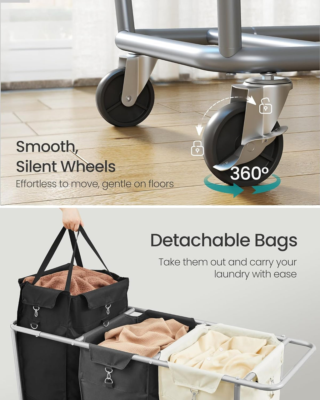SONGMICS 3-Section Laundry Basket with Wheels, 76.6 Gallons (290 L) Hamper