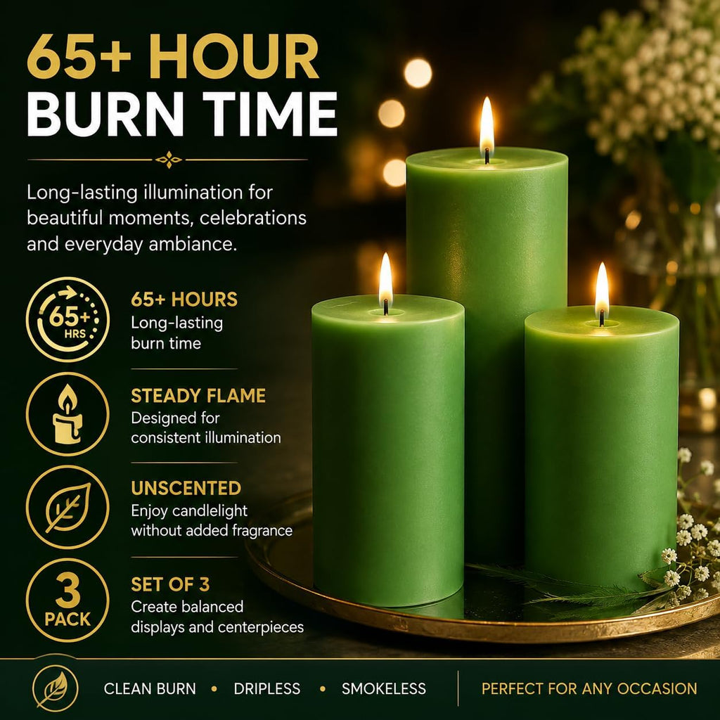 Dinil Green Pillar Candles 3x6 Inch, Set of 3 Unscented Dripless Smokeless Candles, 65+ Hour Burn Time for Wedding Centerpiece, Dinner Table & Home Decor