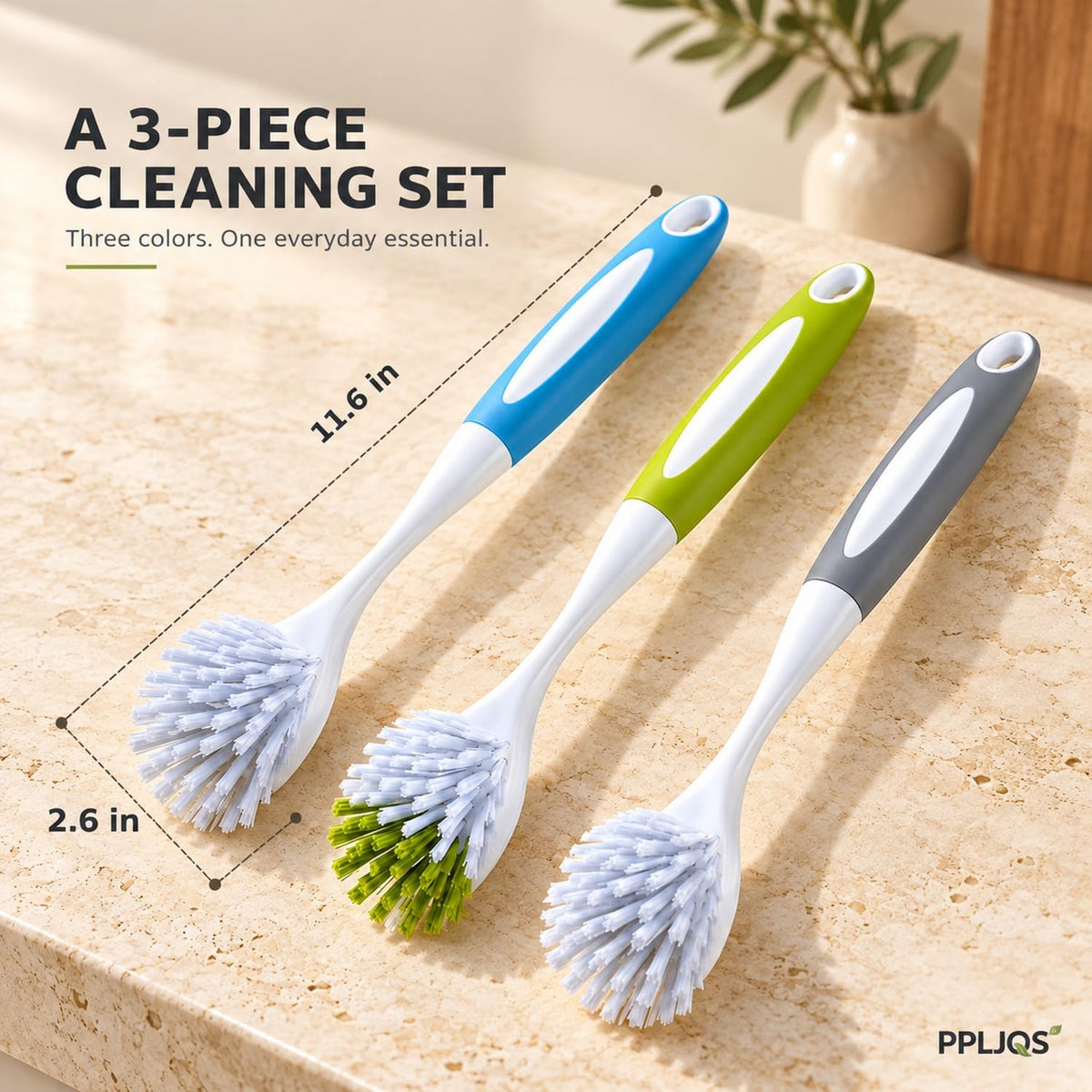 Dish Brush Scrub Brush with Handle - 3 Pack Stiff Bristles Dish Scrubber for Cleaning Dishes, Pots, Pans, Sink, Cast Iron - Hard Bristles,No Residue (Yellow-Green, Gray, Light Blue)