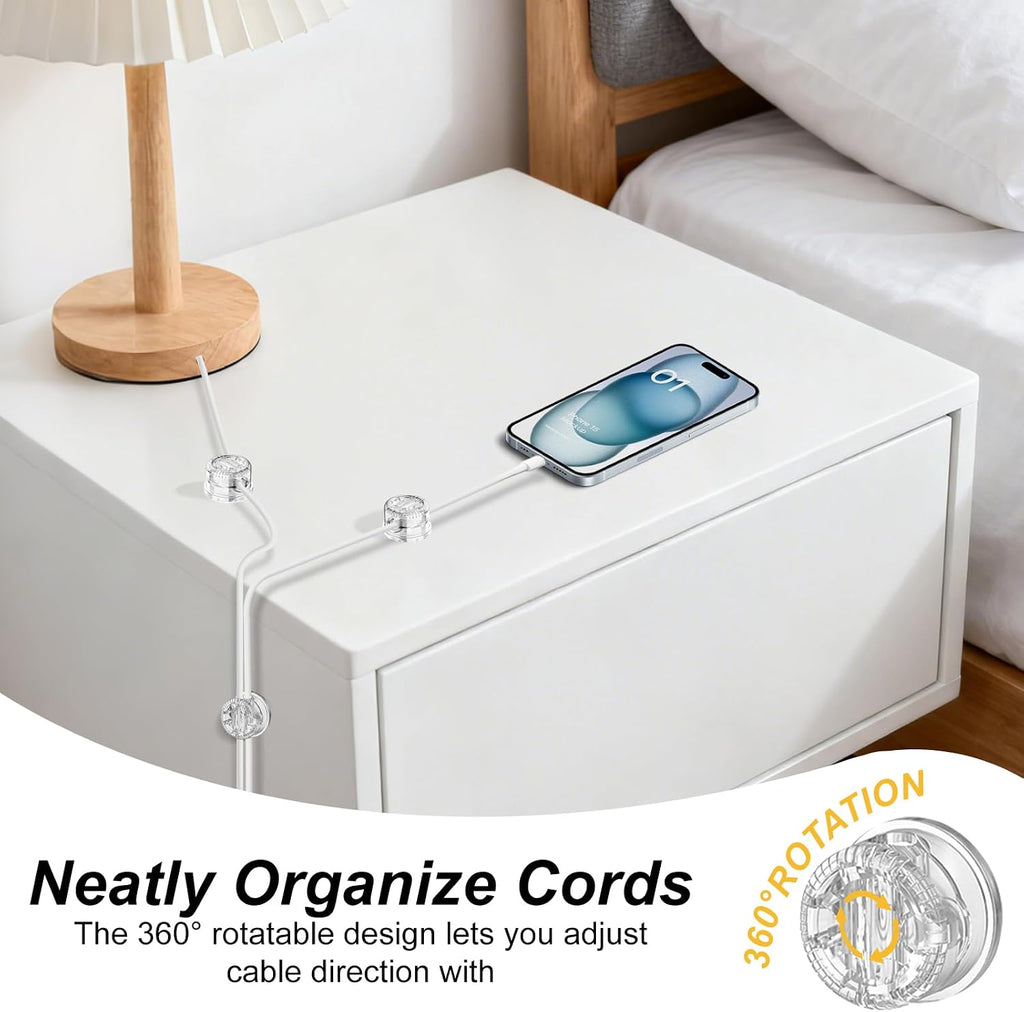 6Pack Cord Organizer Magnetic Cable Clips, 360°Rotation Cable Clips - Adjustable Cord Holder for Nightstand, Adhesive Cable Management Cord Clips, Cable Holder & Charger Organizer（Clear）