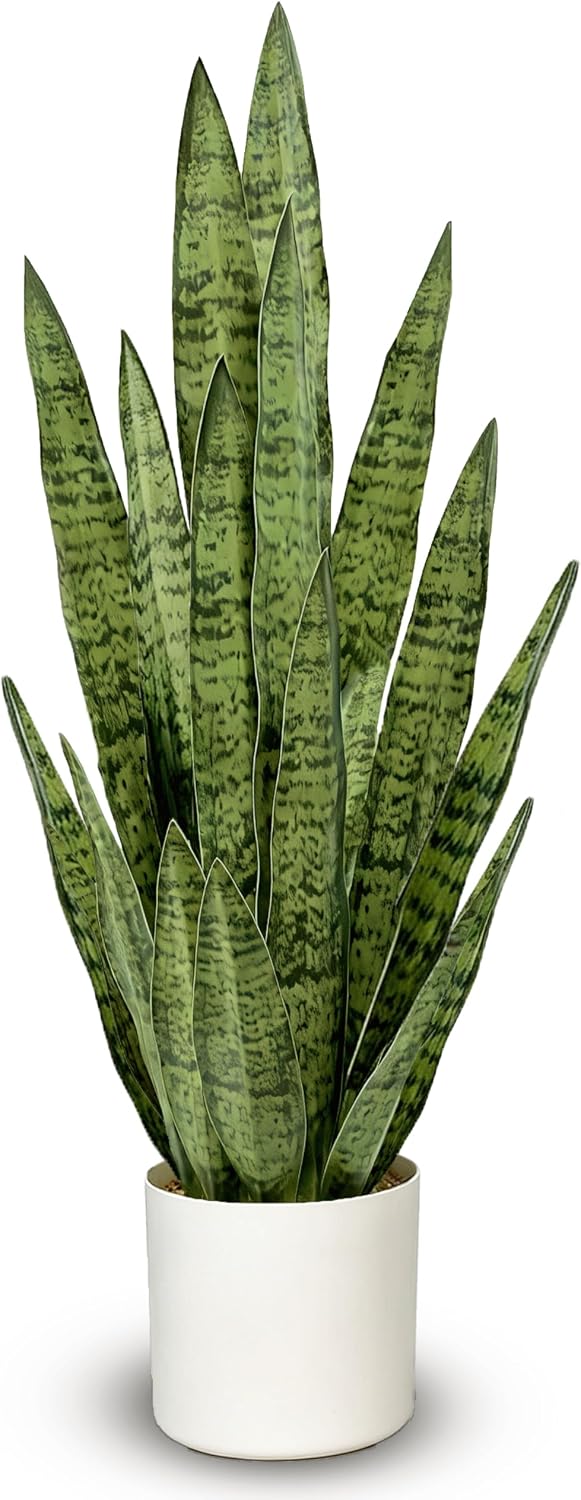 Fake Snake Plant 3FT, 35in Artificial Potted Plant with White Pot
