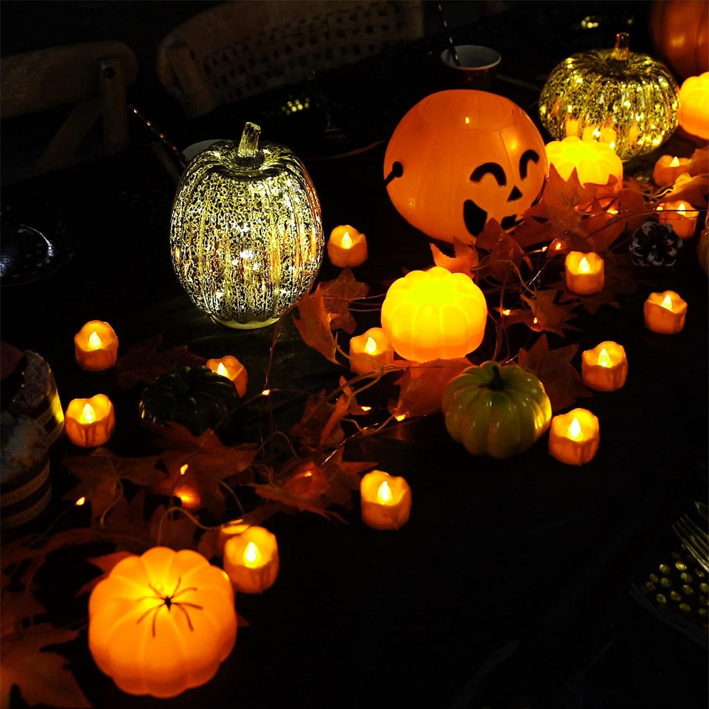 Halloween 12 Pack Orange Tea Lights, Small Dripping Candles, Battery Operated LED Tealights, Mini Pumpkins Lights with Warm White Bulb, Flameless, Electric Fake Tea Candles Realistic for Halloween