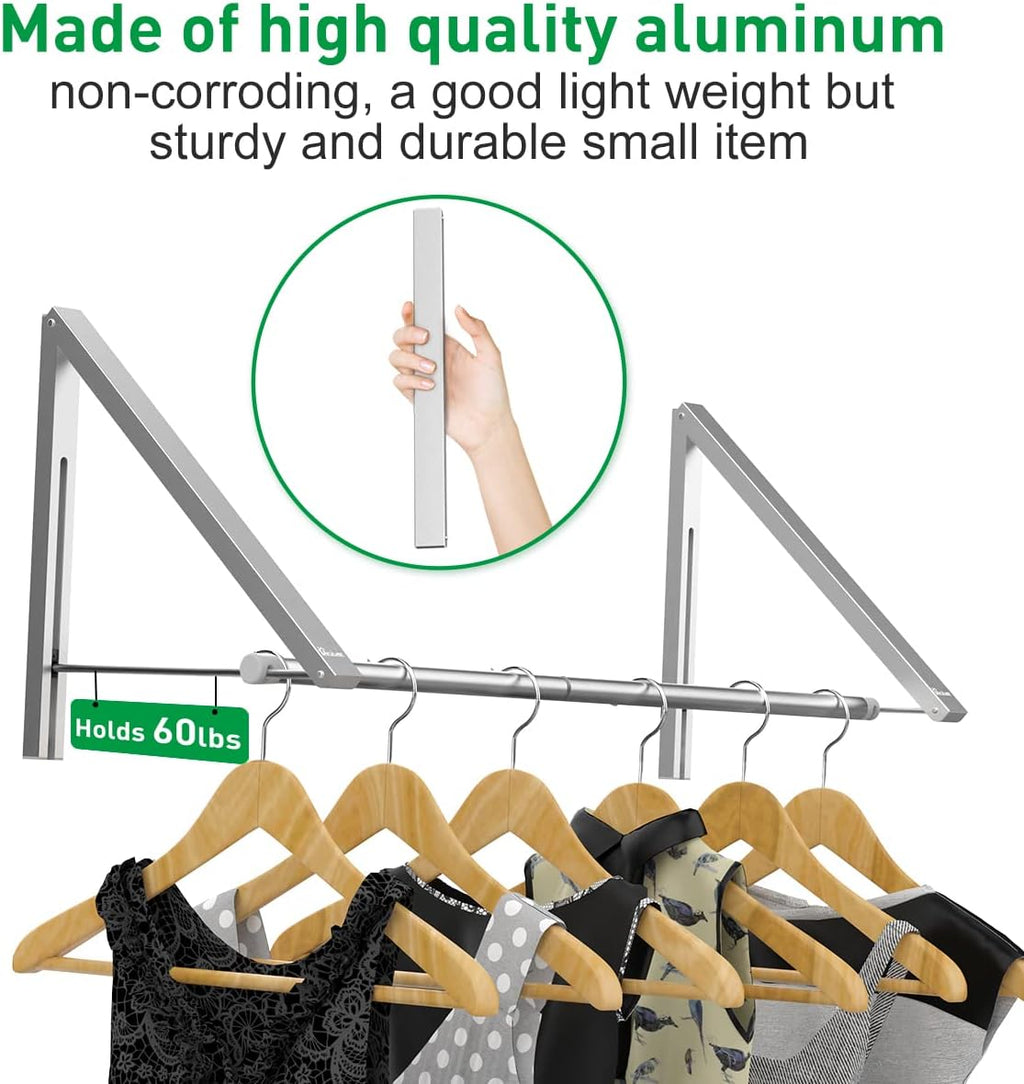 Laundry Room Drying Rack Wall Mounted Clothes Hanger Folding Wall Coat Racks Aluminum Home Storage Organiser Space Savers Silver 2 Rakcs with Rod