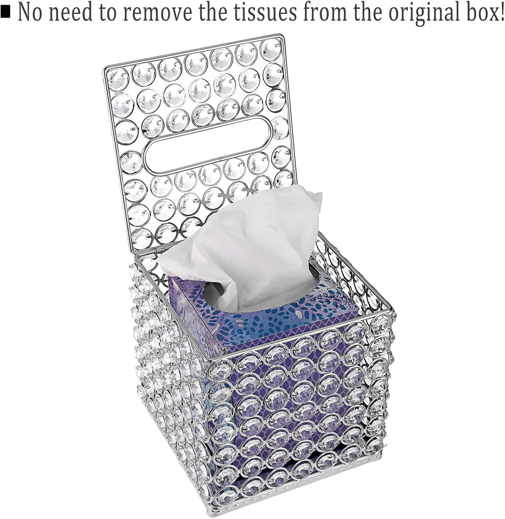 Sumnacon Crystal Square Tissue Box Cover - Decorative Tissue Box Holder, Sparkling Cube Tissue Holder for Bathroom Dresser Night Stand Table Car Store Office Home Decor, Silver