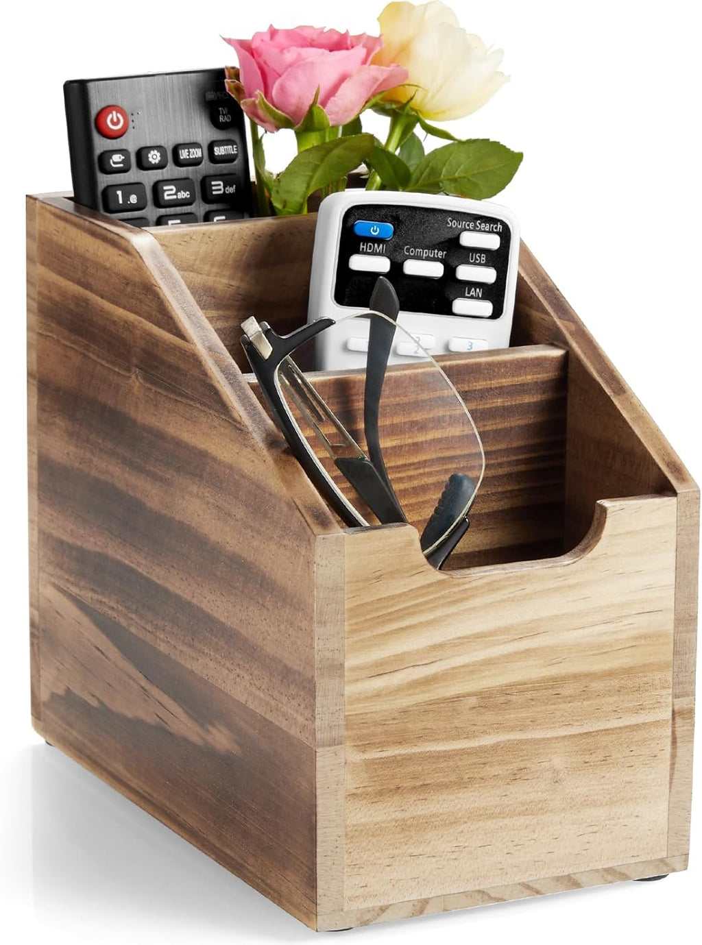 Remote Control Holder, TV Remote Holder, Wood Farmhouse Remote Caddy for Table, Remote Organizer Caddy with 3 Slots, Remote Storage Box for Home Office, Burnt Wood