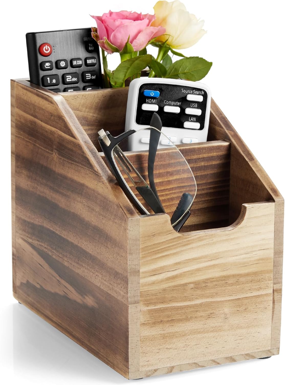 Remote Control Holder, TV Remote Holder, Wood Farmhouse Remote Caddy for Table, Remote Organizer Caddy with 3 Slots, Remote Storage Box for Home Office, Burnt Wood